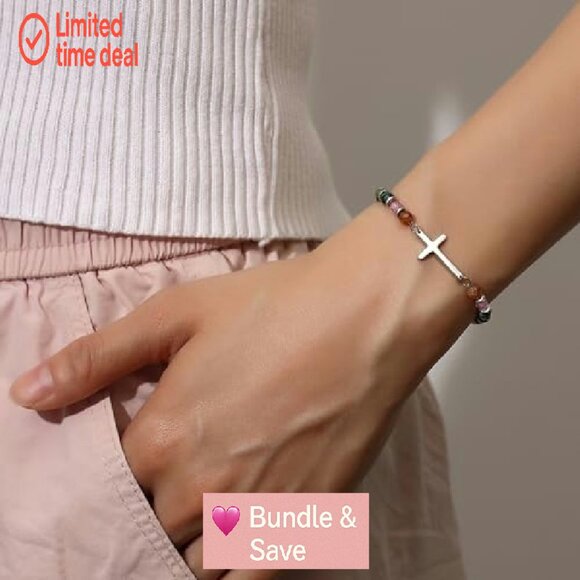 Adjustable Cross Charm Bracelet Stainless Steel Beads Faith Jewelry Gift - Picture 5 of 8